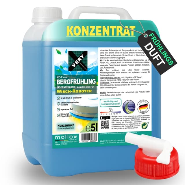MC-Fresh Bodenreiniger BERGFRÜHLING, 5L, auch für Saugwischer | 1:200 Konzentrat | für alle Nass-Trockensauger | ideal für Fliesen, PVC, Parkett, Laminat & Teppich | inklusive Frischeduft
