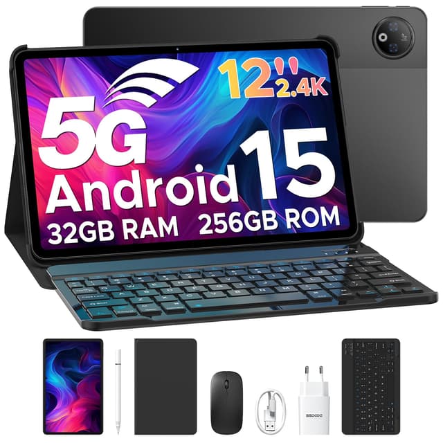 DOOGEE V Pad 5G Android 15 Tablet 12 Zoll, 7mm Ultraschmaler Rand, 32GB RAM+256GB ROM, Mediatek Dimensity 7050, 2.4K Display+90Hz, 8800mAh, Gaming Tablet mit Tastatur/Stift/SIM Card Slot/Maus/Hülle BLACK
