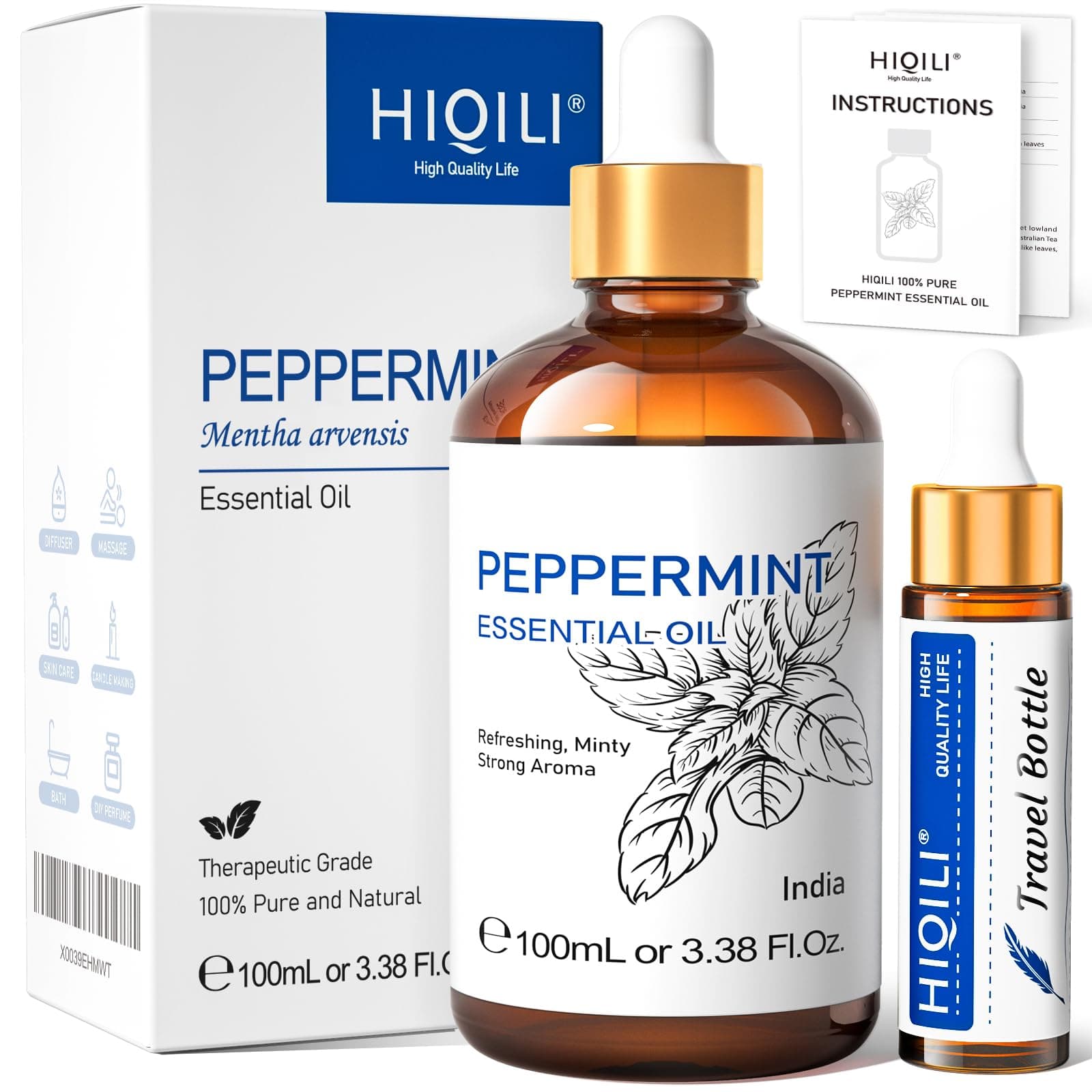 HIQILI 100ml Pfefferminzöl, 100% Reines Naturrein Minzöl, Ätherisches Öl für Diffuser, Massage, Haar, Hautpflege Pfefferminze