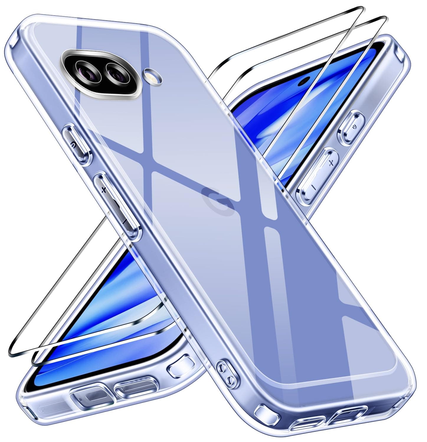 ivoler Nie Vergilbung Klar Hülle für Google Pixel 9A, 1 Handyhülle mit 2 Stück Panzer Schutz Glas, [Militärischer Schutz] Stoßfest Transparent Schutzhülle Dünn Durchsichtige Case Google Pixel 9A Transparent