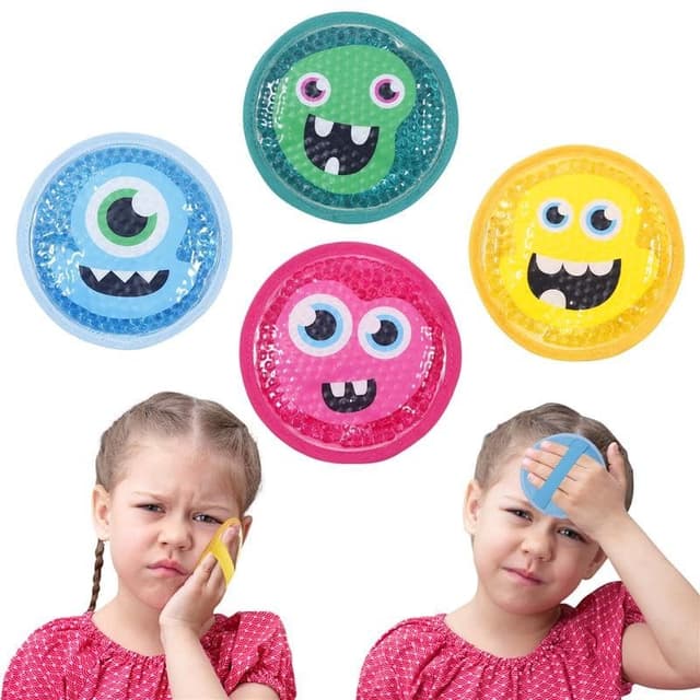 Magic Gel Kühlpads für Kinder - 4 Kleine Kühlakku Monster mit Gummiband - Sag Tschüss zu Aua`s mit der Kalt und Warm Kompresse - Ungiftig & Sicher und auch für Weisheitszähne 4 x Kinder-Eisbeutel