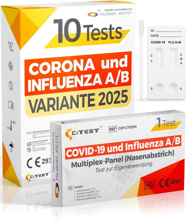 Adeste – Influenza oder Corona? 10x 2025 Corona Influenza Schnelltest Kombi. Kombitest Corona Grippe Schnelltest 2025. Unterscheidet Influenza 2025 von COVID-19. Geprüft für neue 2025-Variante