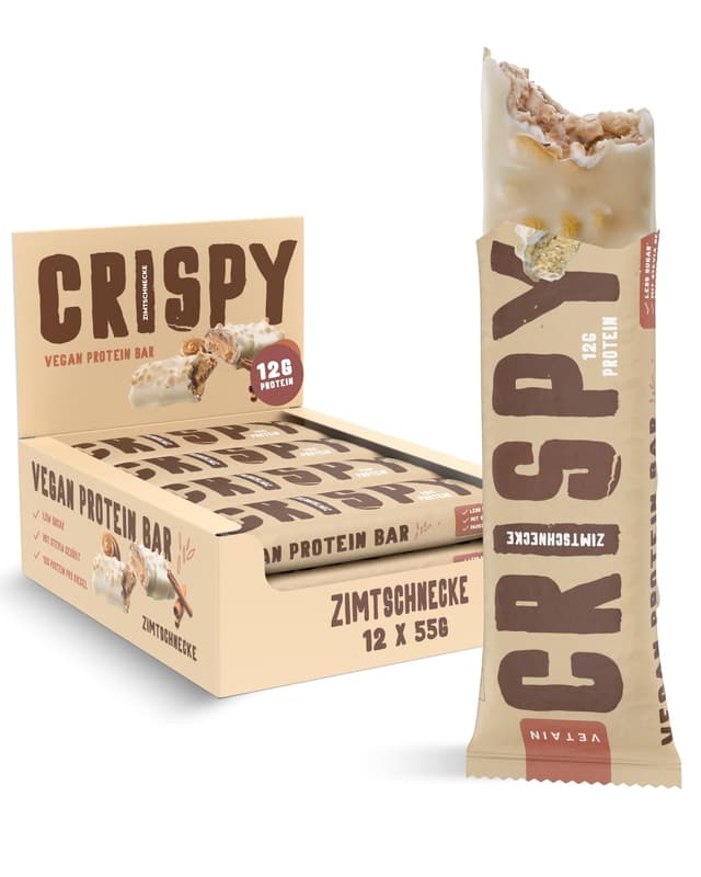 VETAIN Vegan Protein Riegel - Crispy Zimtschnecke - 12g Protein pro Riegel - schokoladiger, knuspriger Eiweißriegel - 100% cleane Zutaten - frei von Sucralose & Maltit - Low Sugar - 12 x 55g