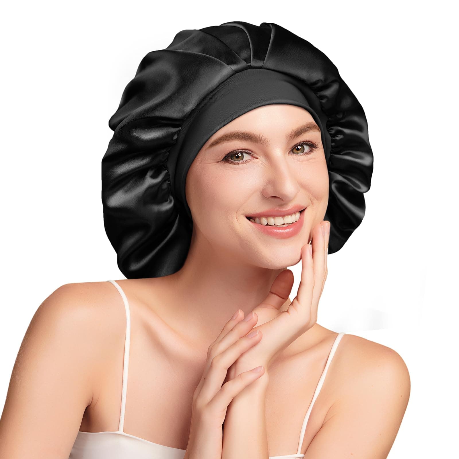 Umisleep 22 Momme Schlafhaube zum Schlafen mit Maulbeerseidenfutter, Doppelschicht Schlafmütze, Verstellbar mit Elastischem Band, Haarschutz für Lange und Lockige Haare, Weich, Schwarz+Lila