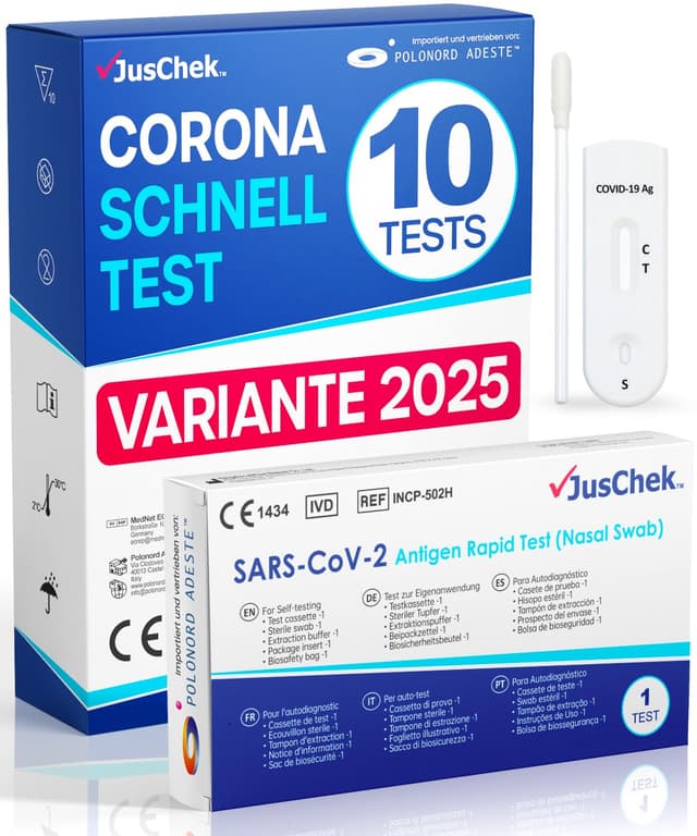 Adeste – NEU 10 x 1er Corona Schnelltest für Zuhause COVID 19 Antigen Rapid Test Swab Selbsttest. Geprüft für alle neuen 2025 Varianten. Sensibilität 100% bei hoher Viruslast