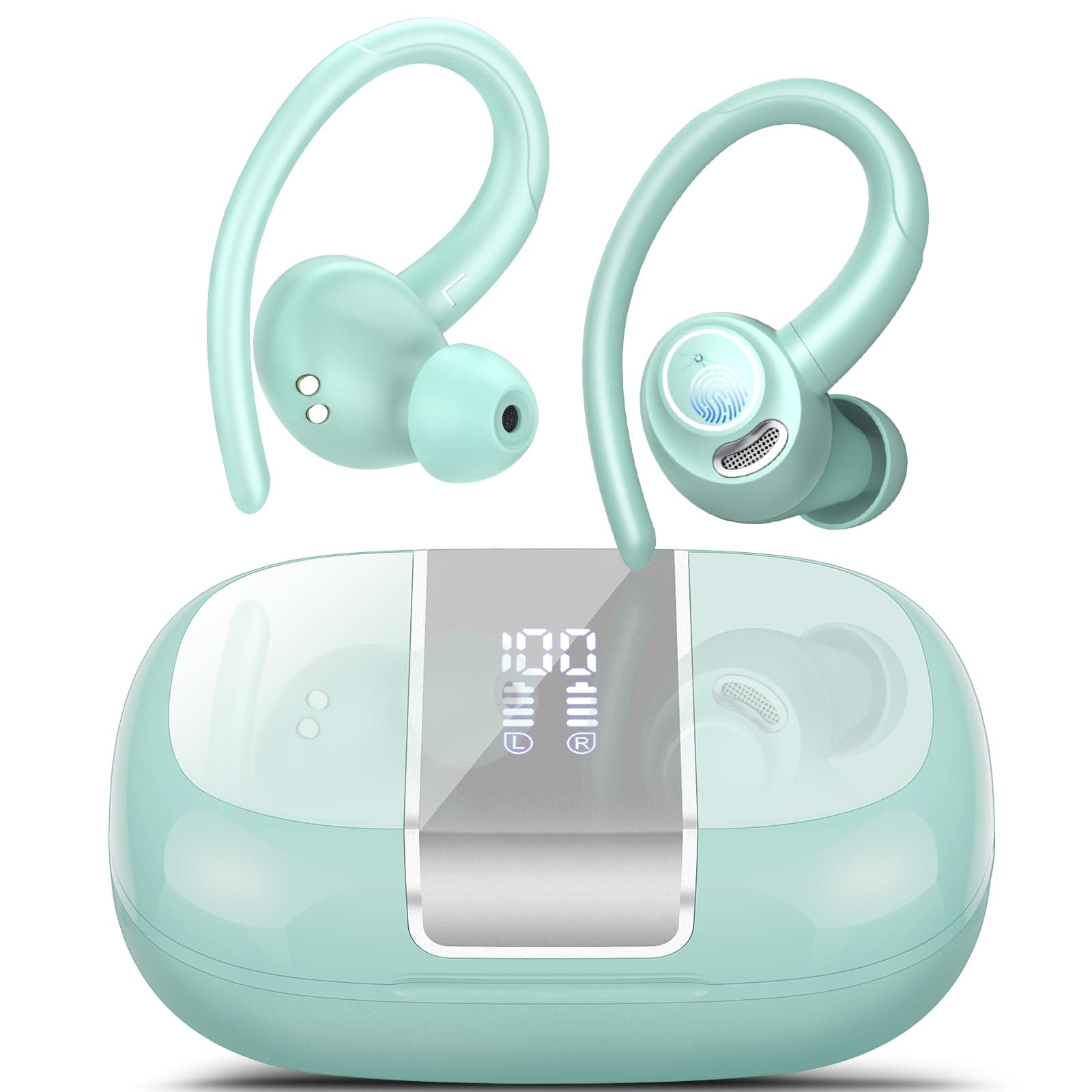 Bluetooth Kopfhörer Sport, Kopfhörer Kabellos Bluetooth 5.3 mit ENC Mikrofon, 48Std Premium-Tiefbass Wireless Earbuds mit LED Anzeige, Leichtes Design, IPX7 wasserdichte Ohrhörer, Hellblau