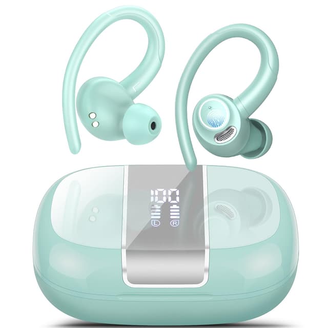 Bluetooth Kopfhörer Sport, Kopfhörer Kabellos Bluetooth 5.3 mit ENC Mikrofon, 48Std Premium-Tiefbass Wireless Earbuds mit LED Anzeige, Leichtes Design, IPX7 wasserdichte Ohrhörer, Hellblau