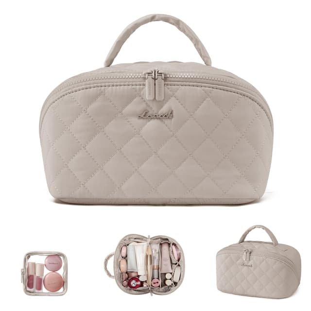 LOVEVOOK Kosmetiktasche Damen, Make up Tasche Groß, Schminktasche Organizer mit fächern, wasserdichte Puffer Kulturbeutel mit 180°-Flachdesign, Wäschemaschinenfeste Kulturtasche für Reisen, Khaki Khaki L (2-tlg.) 25x14x13cm