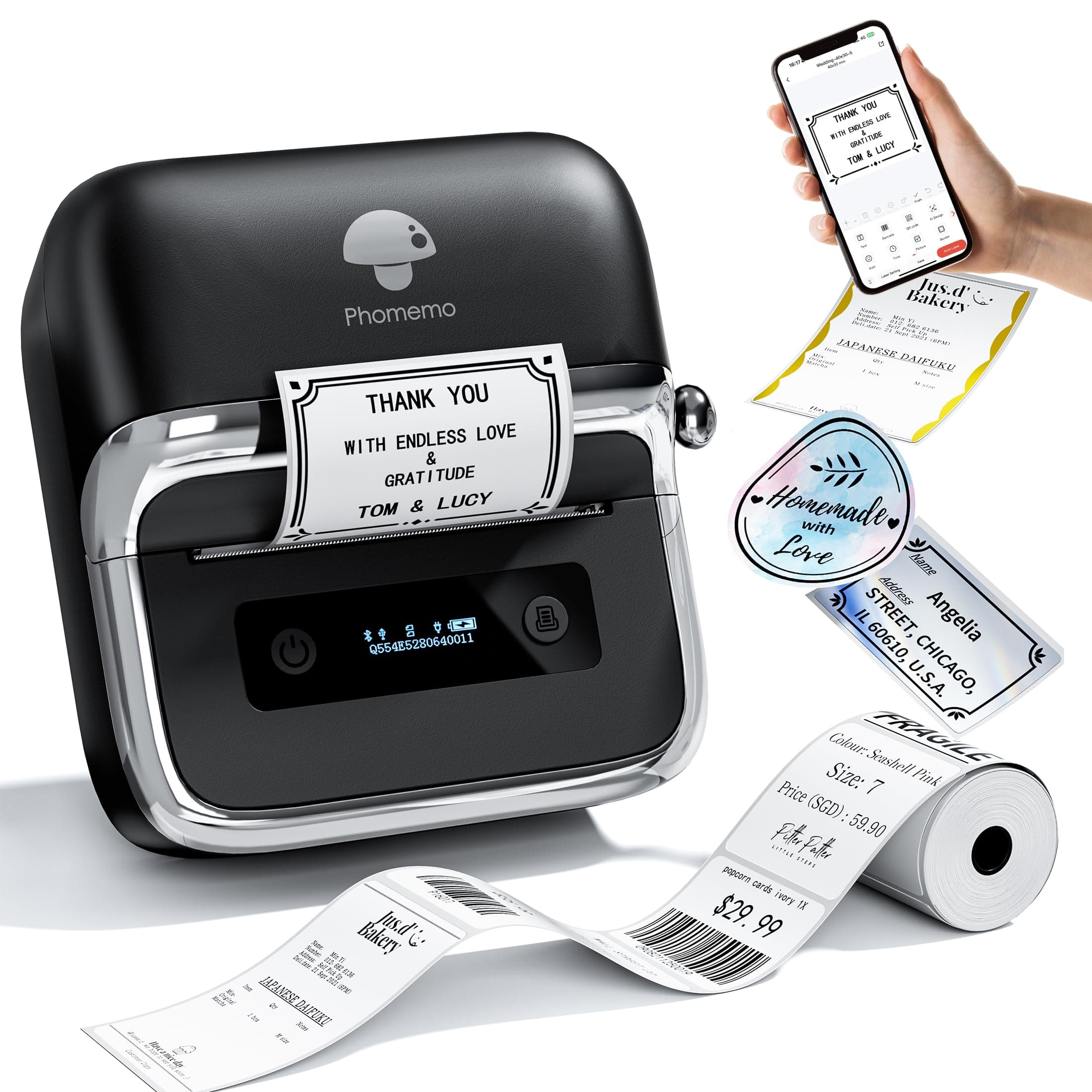 Phomemo M250 Etikettendrucker, 3 Zoll Bluetooth Etikettiergerät Thermo Barcode Drucker für Einzelhandel, Büro, Label Printer Kompatibel mit Telefonen & PC, Druckgröße 20-75 mm Schwarz