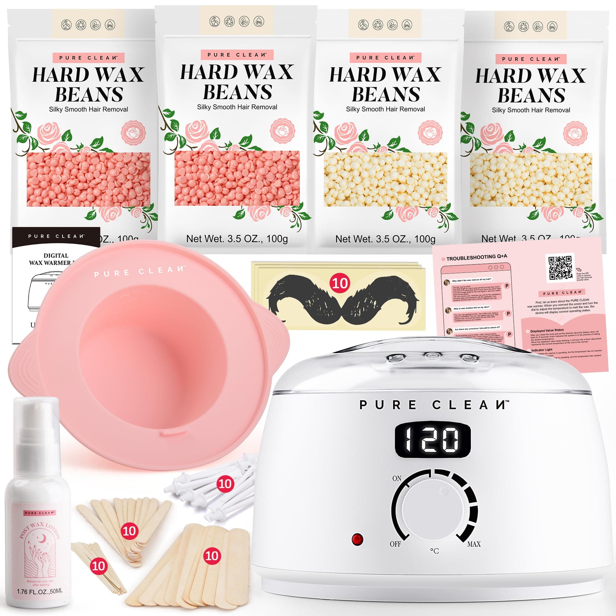 PURECLEAN Waxing Set – Schnell Aufheizender Digitaler Wax Maschine – 4 Packungen Wachsperlen, Nachwachslotion, Silikonschale – 59 Artikel für alle Haartypen – Gesicht, Brazilian Bikinizone, Körper