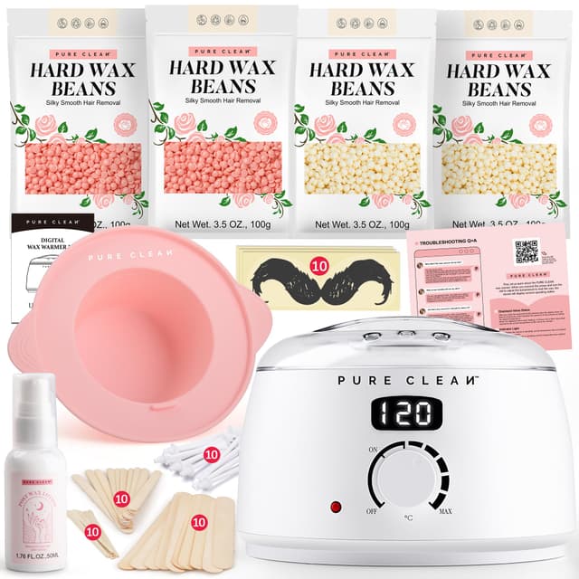 PURECLEAN Waxing Set – Schnell Aufheizender Digitaler Wax Maschine – 4 Packungen Wachsperlen, Nachwachslotion, Silikonschale – 59 Artikel für alle Haartypen – Gesicht, Brazilian Bikinizone, Körper