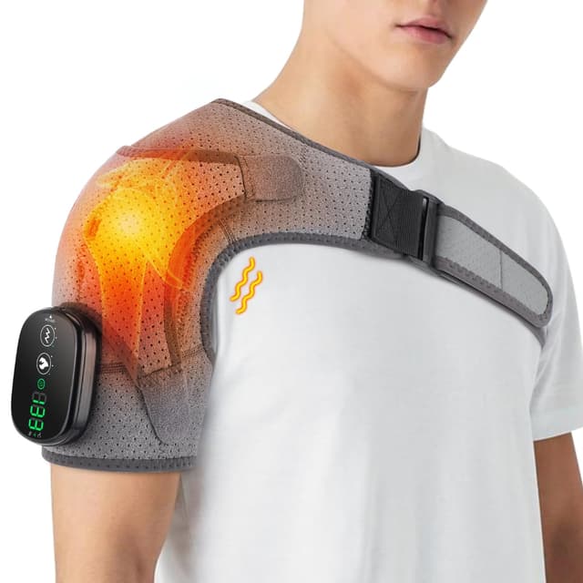 Heizende Schulterbandage mit Vibrationsmassagegerät, kabellos, elektrisch beheizte Schulterstütze, Heizgurt mit wiederaufladbarem Akku für gefrorene Schulter, Verstauchungen, Sehnenentzündung XL-Grau