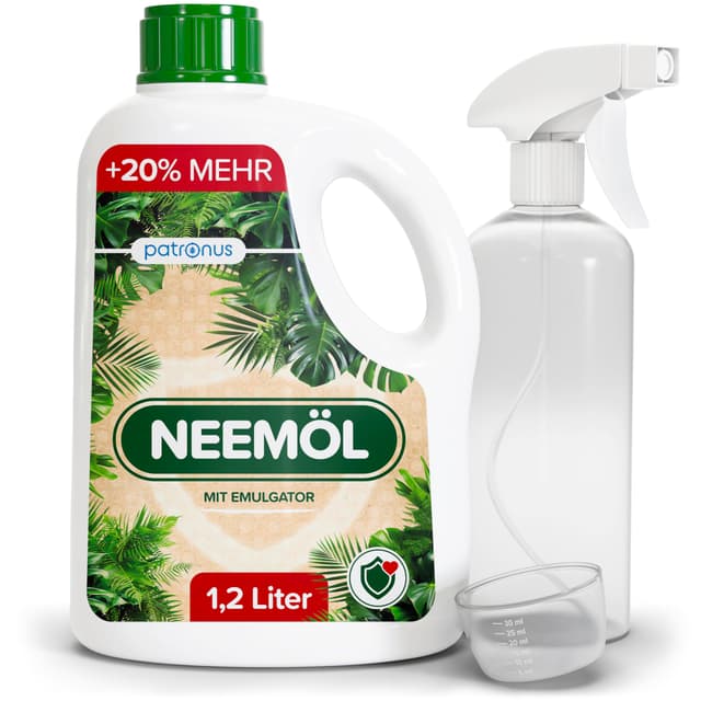 Natürliches Neemöl mit Emulgator 1200 ml – inkl. Sprühflasche & Messbecher – Ergibt 120 L sprühfertiges Neem-Öl Spray – Niemöl zur natürlichen Pflanzenpflege für drinnen & draußen 1 stück (1er Pack)