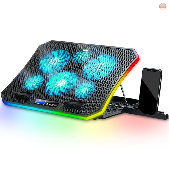TopMate C12 Laptop Kühler RGB Gaming Notebook Kühlpads für Schreibtisch und Schoß, Laptop Lüfter Ständer 8 Höhenverstellbar mit 6 Leisen Lüfter+Handyständer, für 15,6-17 Zoll -EisBlau LED Licht