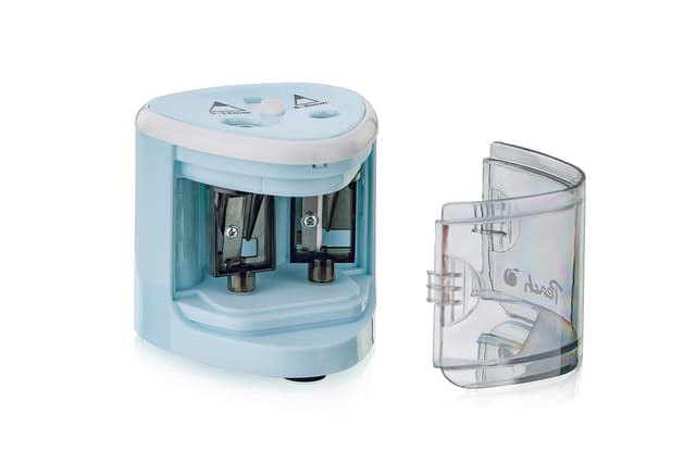 Peach elektrischer universal Anspitzer blau - inkl. Ersatzteile - für alle Bleistifte, Buntstifte, Eyeliner und Wachsmalstifte - Doppelspitzer für Stifte von 6-8 mm und 9-12 mm - PO102 blau Batterie Anspitzer
