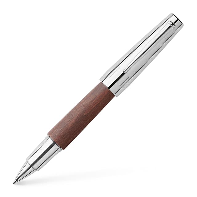 Faber-Castell 148215 - Tintenroller e-motion Holz/Chrom, Metallspitze 0,7 mm, inklusive Geschenkverpackung, Schaftfarbe dunkelbraun/silber Birnbaumholz dunkelbraun