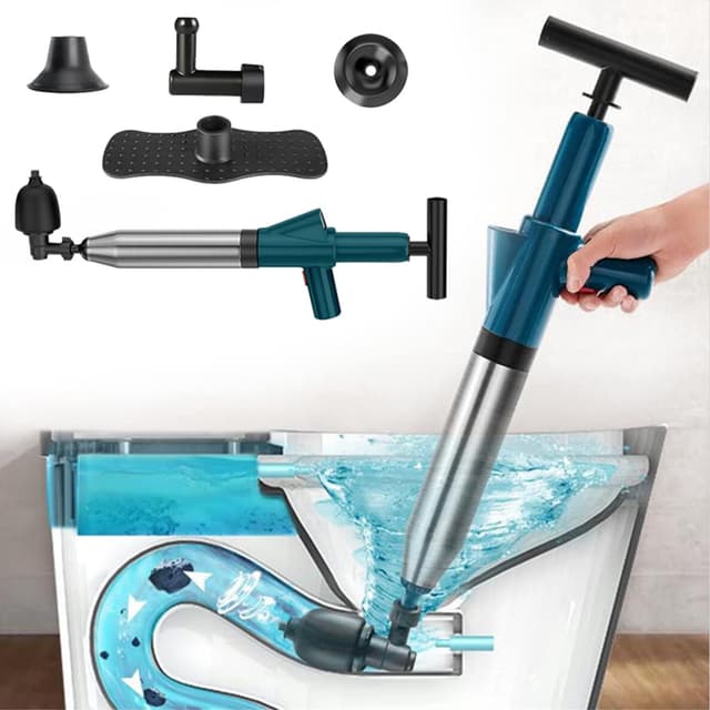 WCIC 5-in-1 Hochdruck-Druckspüler mit Pressluft | WC Pömpel für Toilette/Waschbecken/Badewanne | Abflussreiniger gegen Haare/Papier Verstopfung | Profi Rohrreiniger-Set mit Spirale (Blau)