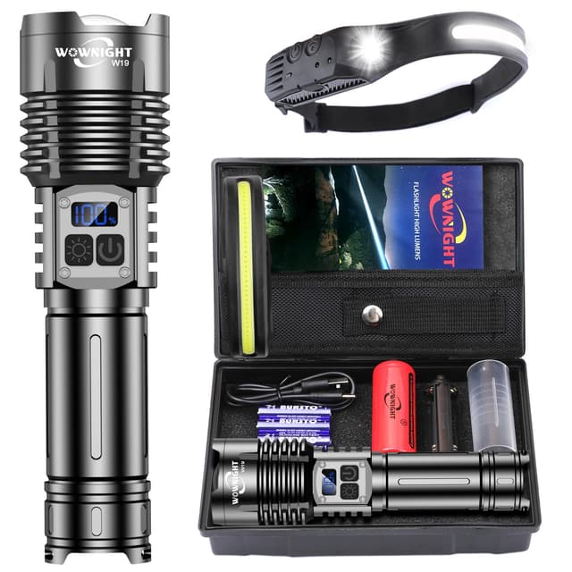 WOWNIGHT Taschenlampe LED Aufladbar 1000000 Lumen, 2 Schalter LED Taschenlampe Extrem Hell USB C, Starke Taktische Taschenlampe Batteriebetrieben, Stufenlos Dimmbar Mit Stirnlampe For Outdoor Notfälle Obsidianschwarz