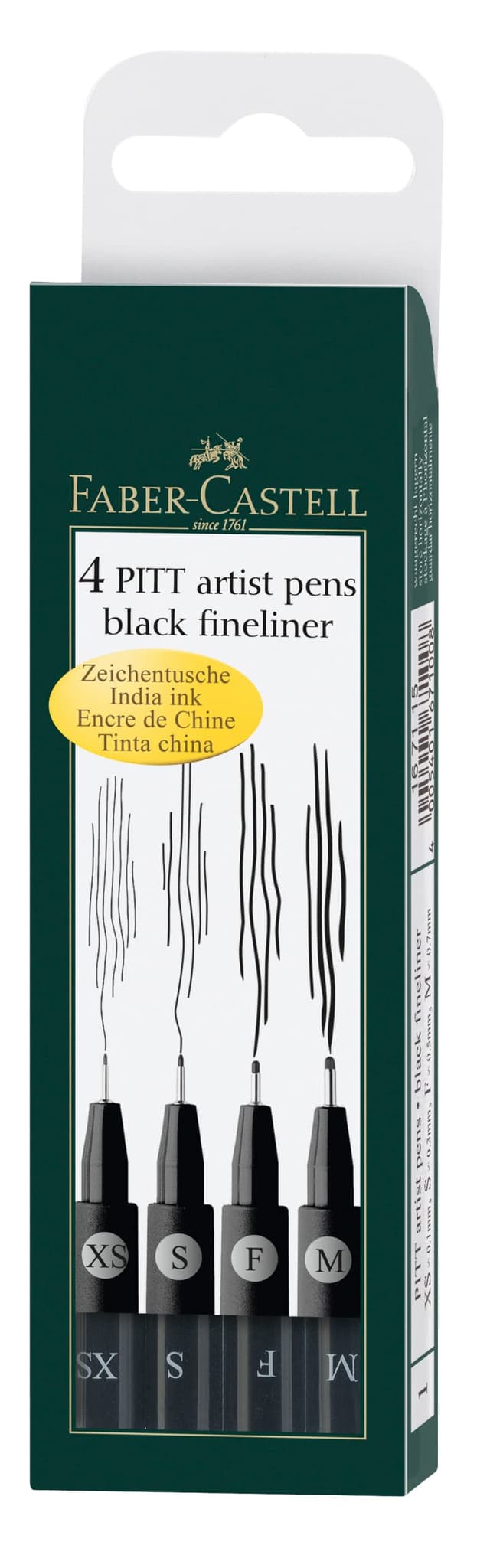 FABER-CASTELL 167115 - Tuschestifte Pitt Artist Pen, 4er Packung, Inhalt: M, F, S, XS, schwarz schwarz 4er