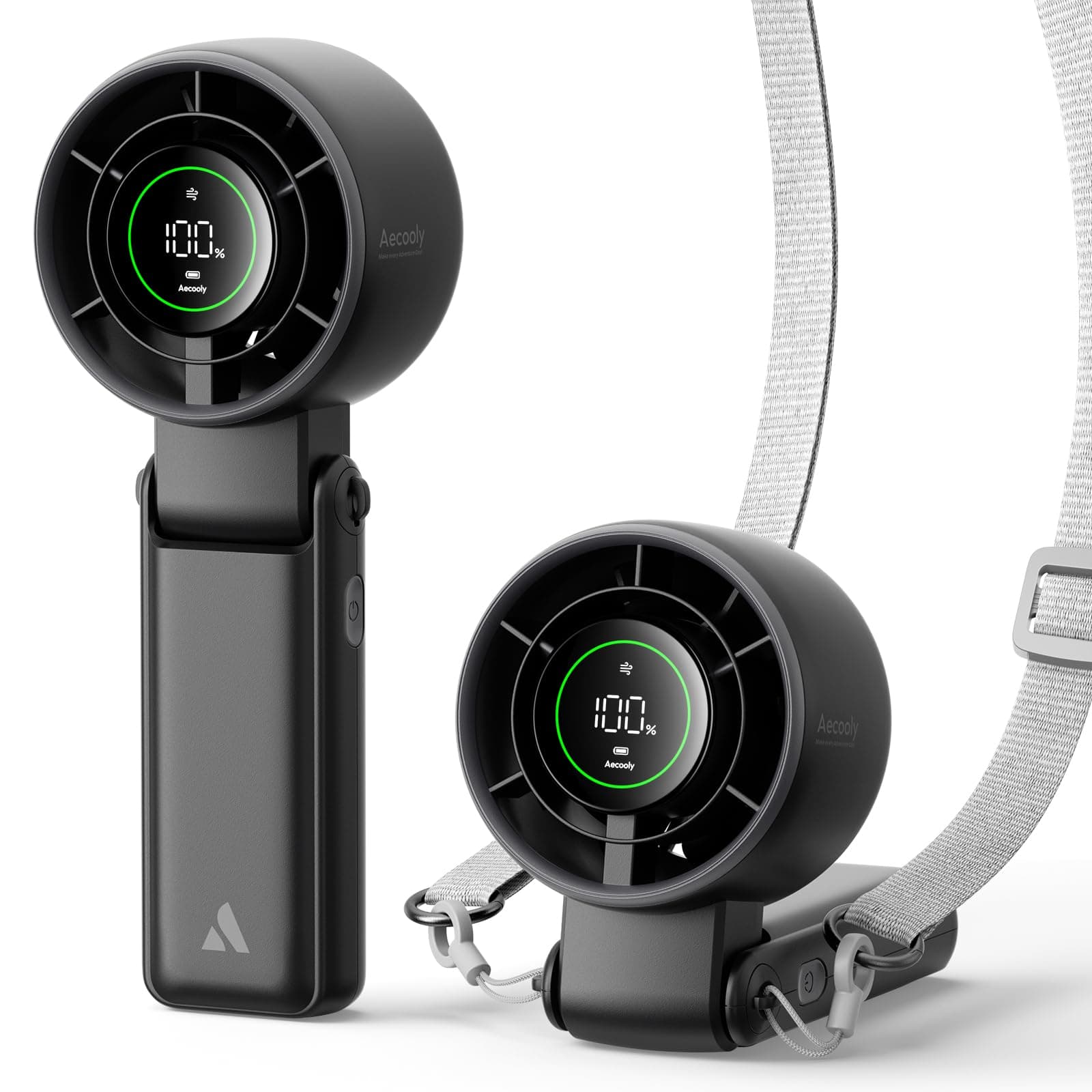Aecooly Handventilator,Mini Ventilator 5000mAh Akku Aufladbar, Bis zu 22 Stunden, 5-stufiger Wind, LED-Display Klein klappbar 3-in-1 ventilator für Reisen,Sommer, Geschenke für Frauen-schwarz
