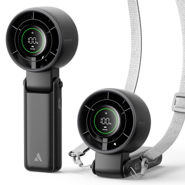 Aecooly Handventilator,Mini Ventilator 5000mAh Akku Aufladbar, Bis zu 22 Stunden, 5-stufiger Wind, LED-Display Klein klappbar 3-in-1 ventilator für Reisen,Sommer, Geschenke für Frauen-schwarz