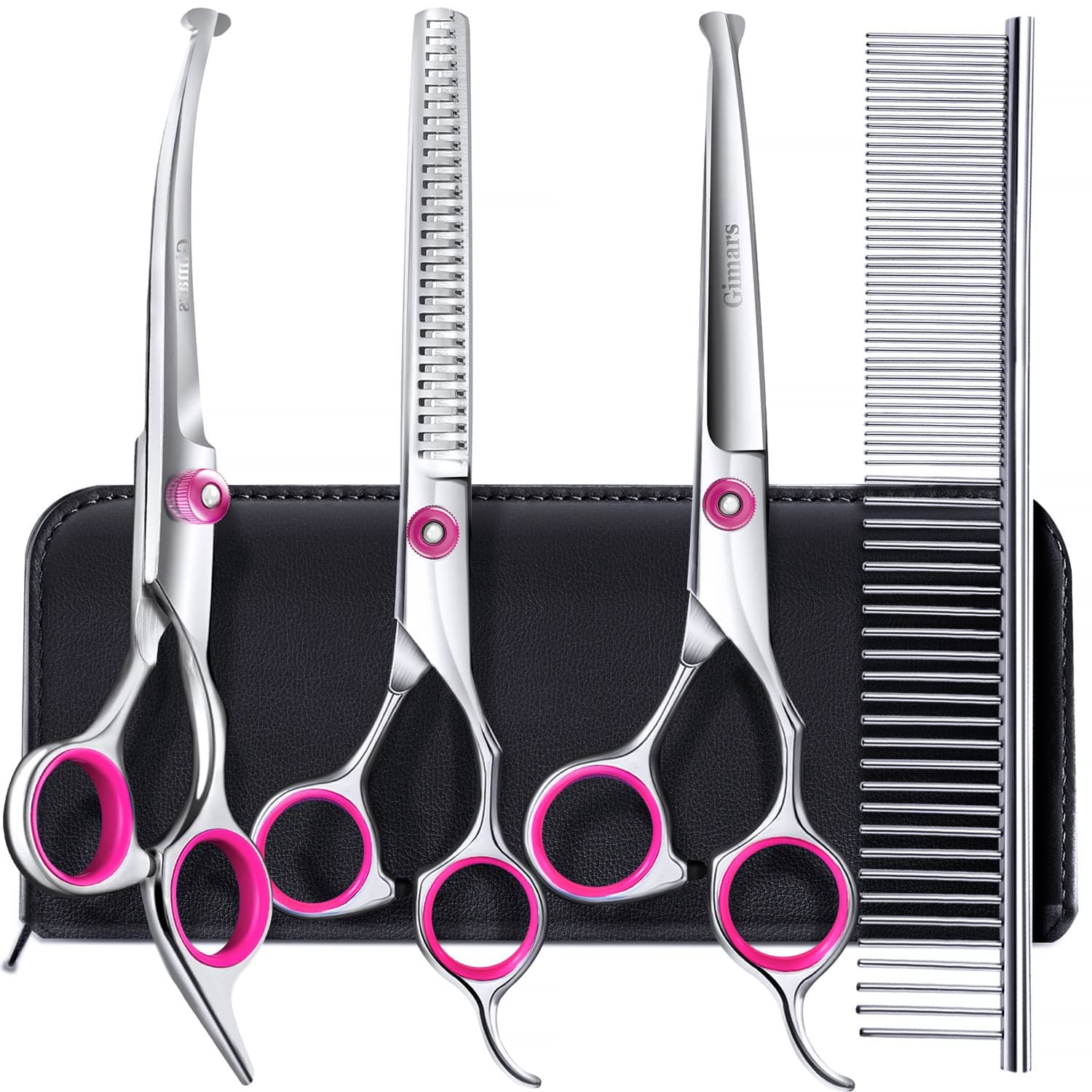 Gimars Hundepflegescheren-Set, professionell, 4CR, mit runder Sicherheitsspitze, 5-in-1-Hochleistungsschere mit Titanbeschichtung und gebogener und gerader Schere Rosa [5-in-1]