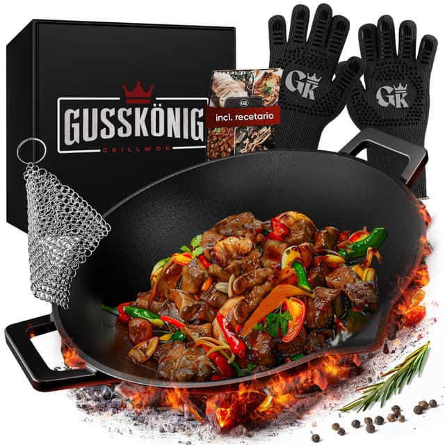 Gusskönig Gusseisen Wok Pfanne - 36 cm robuste Wokpfanne für Gasgrill, Herd, Ofen und Lagerfeuer - Gusseisen Wokpfanne inklusive Edelstahl Ringreiniger, Grillhandschuhe & Rezeptbuch Mit Handschuhen