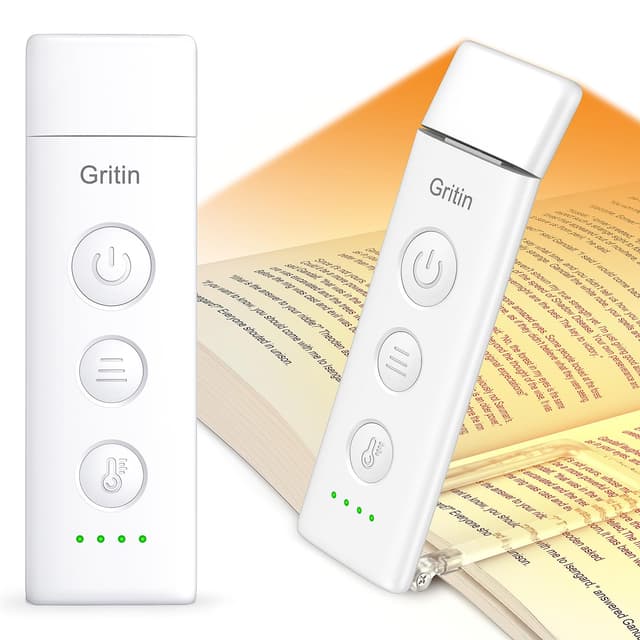 Gritin Leselampe Buch Klemme, USB C Wiederaufladbare Buchlampe Augenschonende Leselicht für Lesen ins Bett, 3 Farbtemperaturen & Stufenlos Dimmbar, Winkel Eintsellbar Klemmleuchte für Buchliebhaber Weiß