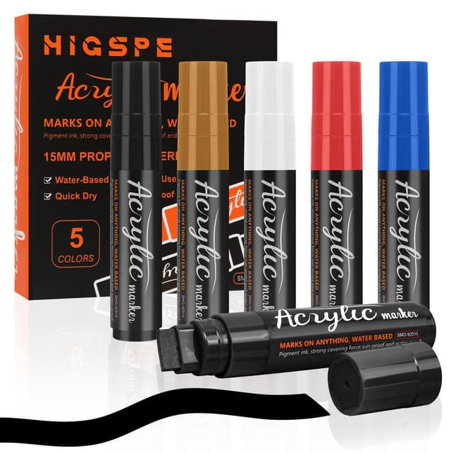 5 Farben 15mm Acrylstifte Breit, 3-in-1 Jumbo Acrylfarben Graffiti Stifte Acrylmarker für Steine Wasserfest, Permanent Marker Fein zum Bemalen Holz Glas Karton Blumentopf Körper Straßenkünstler