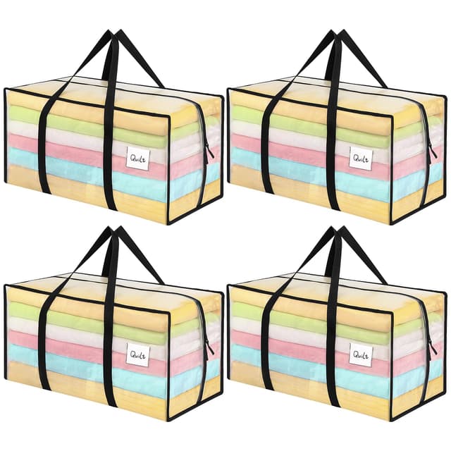 Dntorx 4 Stück 90L Aufbewahrungstasche, Heavy-Duty Umzugstaschen Transparente Umzugskartons Große mit Reißverschluss Griff Faltbar Aufbewahrungsbox für Umzug Camping Bettwäsche Kleidung Aufbewahrung 90L 4er-Pack Transparent