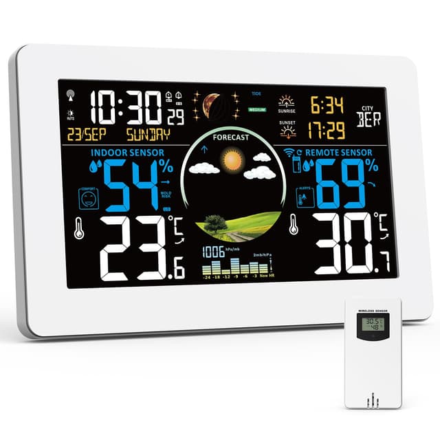 VIFLYKOO Wetterstation Funk mit Außensensor, Thermometer & Hygrometer, Wettervorhersage, Luftdruck, DCF Funkuhr, VA-Display, Batterie- & Netzbetrieb, für Innen & Außen, Weiß