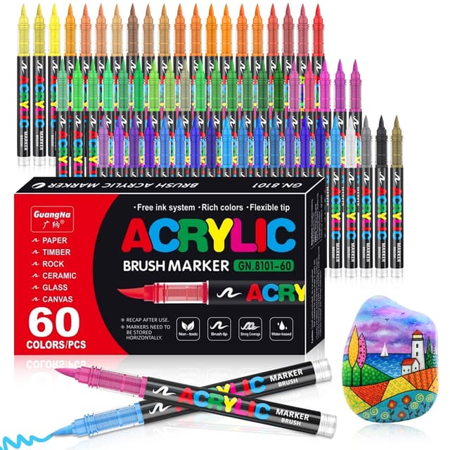 Vakki 60 Acrylstifte für steine wasserfest, Pinselspitze Acrylmarker, Acrylic marker Acrylmarker Set Perfekt für Steine Bemalen, Glas, Holz, Keramik, Metall & Leinwand 1 stück (60er Pack)