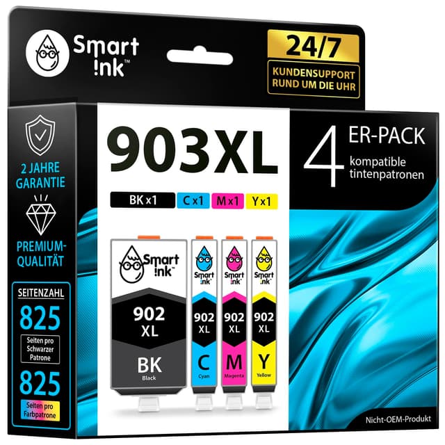 Smart Ink Kompatible Druckerpatronen als Ersatz für HP 903 XL 903XL 4 Multipack (Schwarz XL & Blau Rot Gelb) mit Advanced Chip Technology Kompatibel mit Officejet 6950 Officejet Pro 6960 6970 Drucker