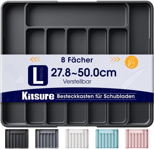 Kitsure Schubladen-Besteckkasten – verstellbarer Schubladeneinsatz aus BPA-freiem Material, Mehrzweck-Schubladen-Organizer, Küchen-Organizer, groß, schwarz, 34.90 x 28.40 x 4.00 cm 34.90 x 28.40 x 4.00 cm Schwarz