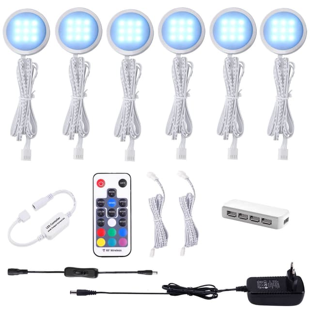 AIBOO RGB LED Schrankbeleuchtung 6er Set, 12V LED Unterbauleuchte Farbwechsel mit Fernbedienung, Dimmbar RGB Vitrinenbeleuchtung LED für die Beleuchtung von Küchenschränken 6 Stück (1er Pack)