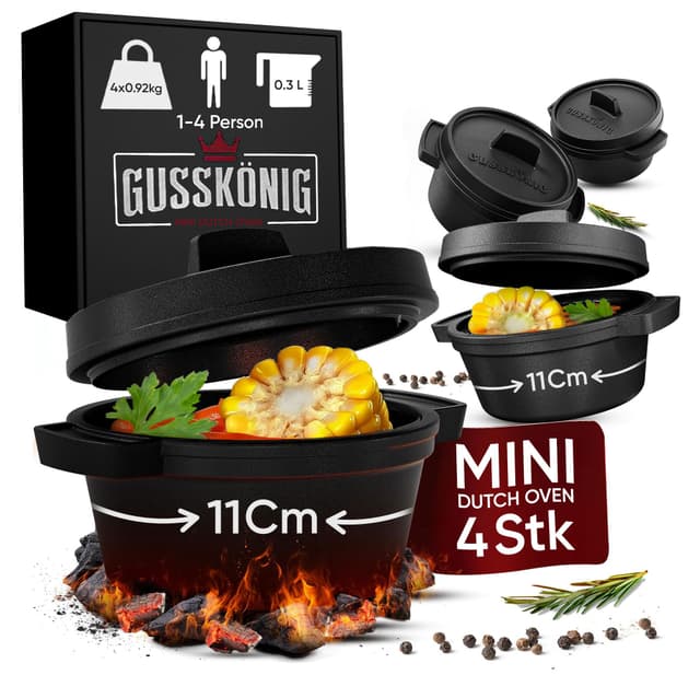 GUSSKÖNIG Dutch Oven Set Mini - 4x 300ml Gusseisen Mini Topf mit Deckel - bereits eingebrannter Mini Dutch Oven - Mini Cocotte Gusseisen Servierpfännchen 4x Mini-Dutch oven