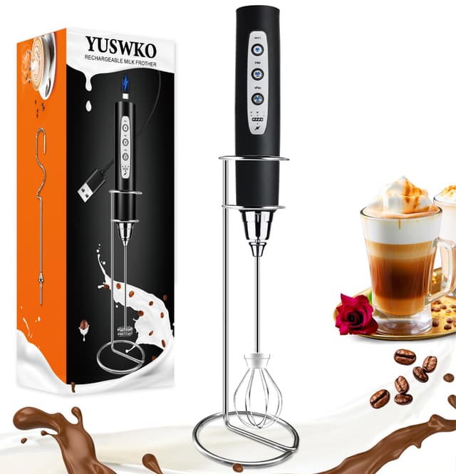 YUSWKO Milchaufschäumer Stab für Kaffee mit Ständer, Usb Wiederaufladbarer Aufschäumer, 3 Schneebesen-Köpfe 3 Geschwindigkeiten, Milchaufschäumer Elektrisch für Milchkaffee, Cappuccino, Getränkepulver Schwarz-s mit Ständer