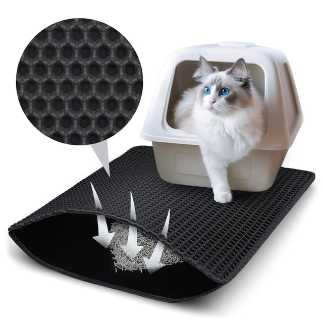 Katzenklo Matte, 50x40 cm Katzenstreu Matte, Doppelte Schichte Non-Slip wasserdichte Entwurf Katzenmatte Katzenklo, Bienenwabe Matte Katzentoilette, Cat Litter Mat Streu Kontrolle Schwarz: 50x40cm