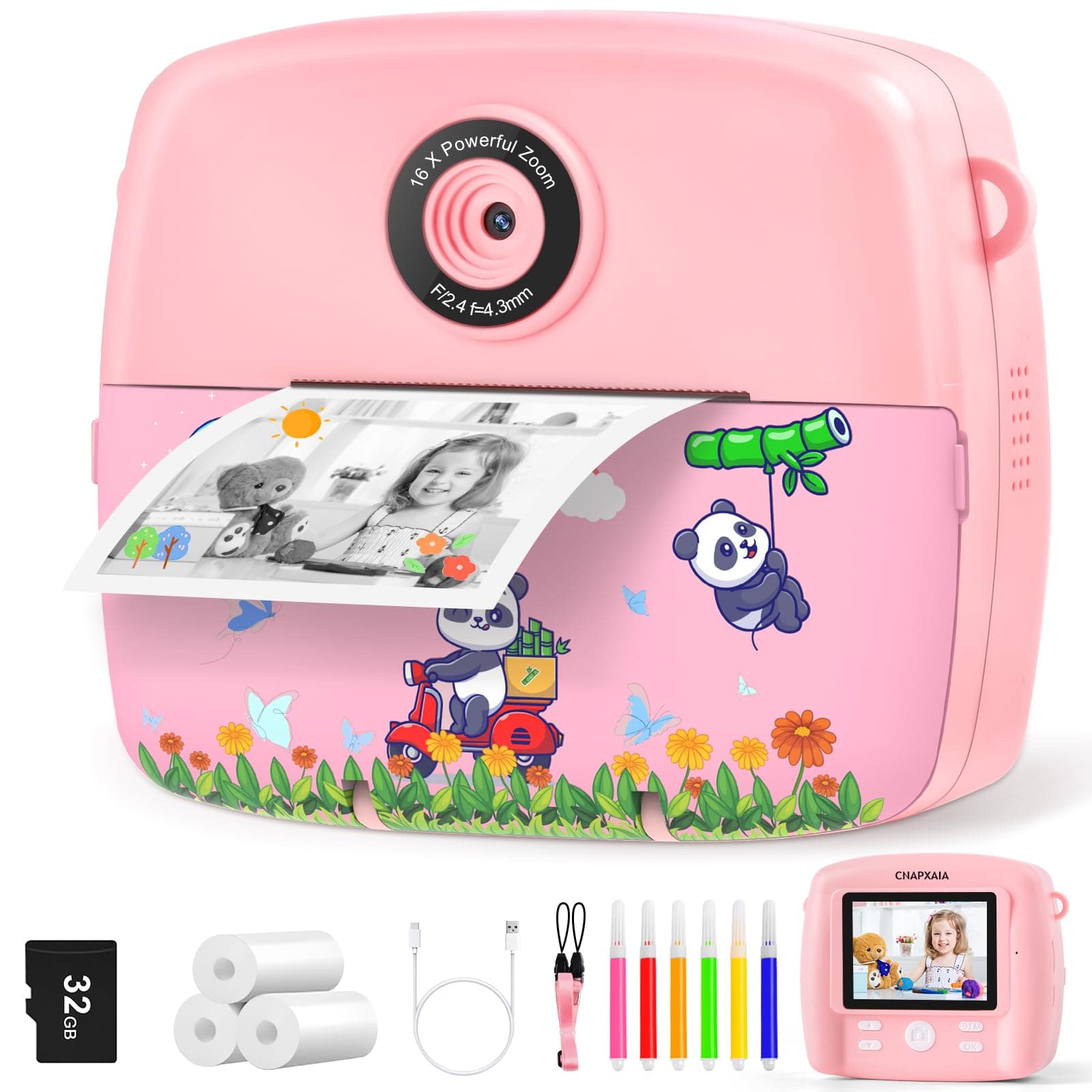 CNAPXAIA Kinderkamera Sofortbildkamera, 2,4" Fotokamera Sofortdruck mit 32GB Karte & 3 Rollen Druckpapier, Kreative Geschenk Spielzeug für Mädchen Von 3 bis 12 Jahre (Rosa)