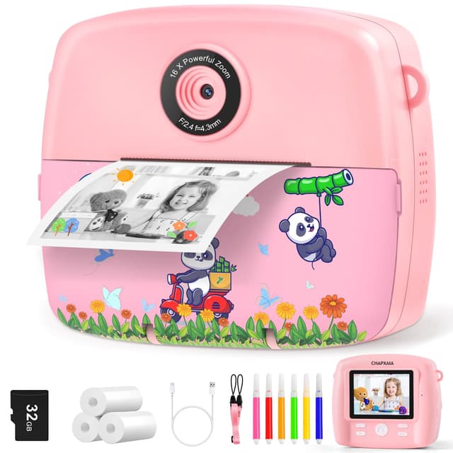 CNAPXAIA Kinderkamera Sofortbildkamera, 2,4" Fotokamera Sofortdruck mit 32GB Karte & 3 Rollen Druckpapier, Kreative Geschenk Spielzeug für Mädchen Von 3 bis 12 Jahre (Rosa)