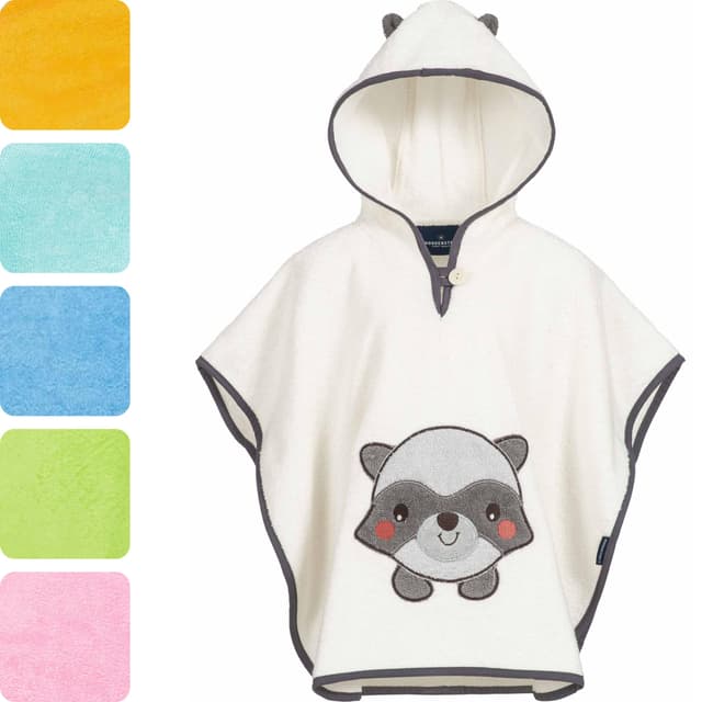 Morgenstern Badeponcho mit Kapuze Kinder Baby 1-5 Jahre Mädchen Jungen 100% Baumwolle Frottee OEKO TEX® Handtuch Badetuch Poncho Kapuzenhandtuch Bademantel 1-3 Jahre (1er Pack) Creme - Waschbär