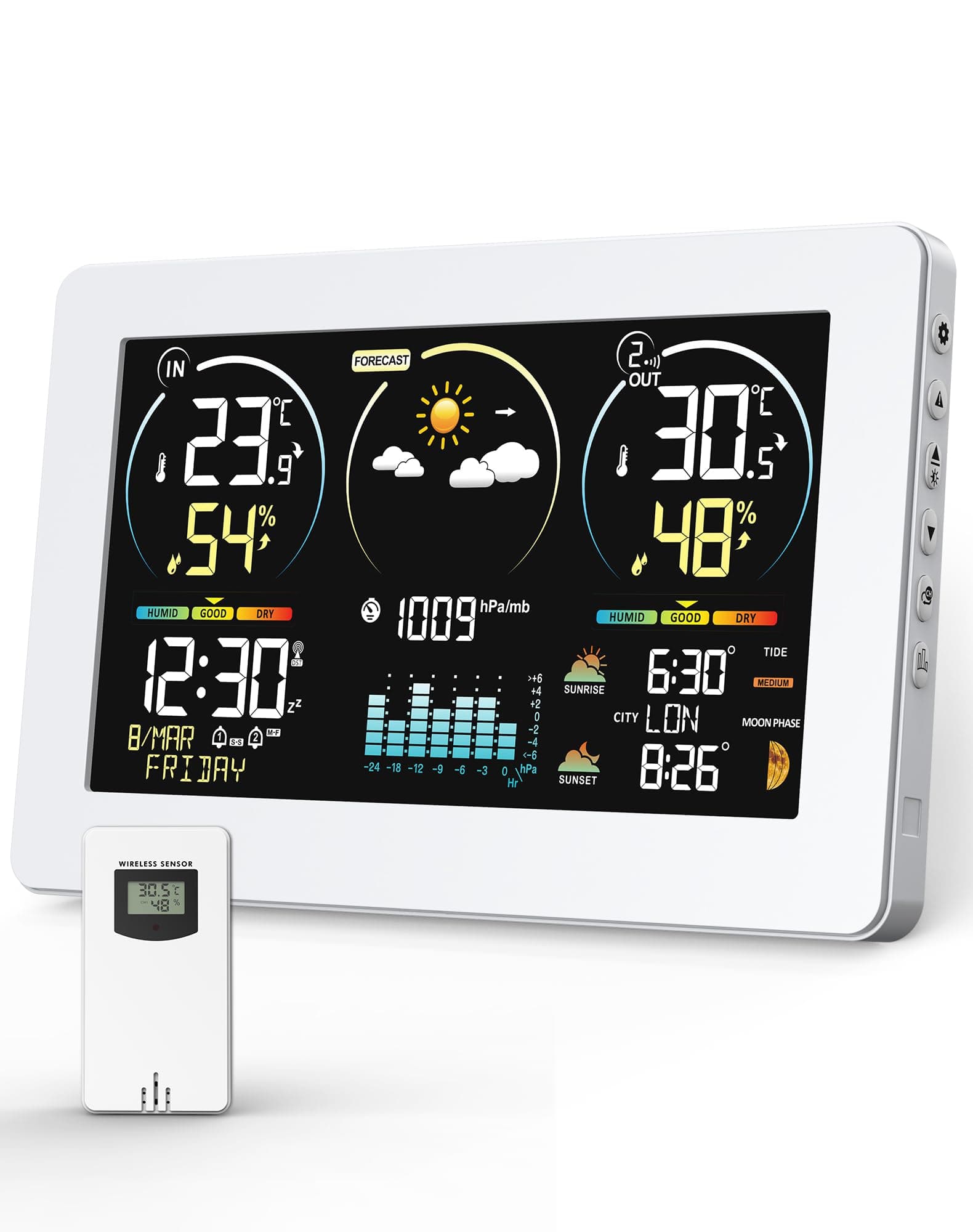 VOKSUN Wetterstation Funk mit Außensensor & Farbdisplay | Wettervorhersage, Innen/Außen-Thermometer & Hygrometer, Luftdruckmessung | Schlummerwecker, Dual-Strom (Batterie/Netzbetrieb) | Weiß