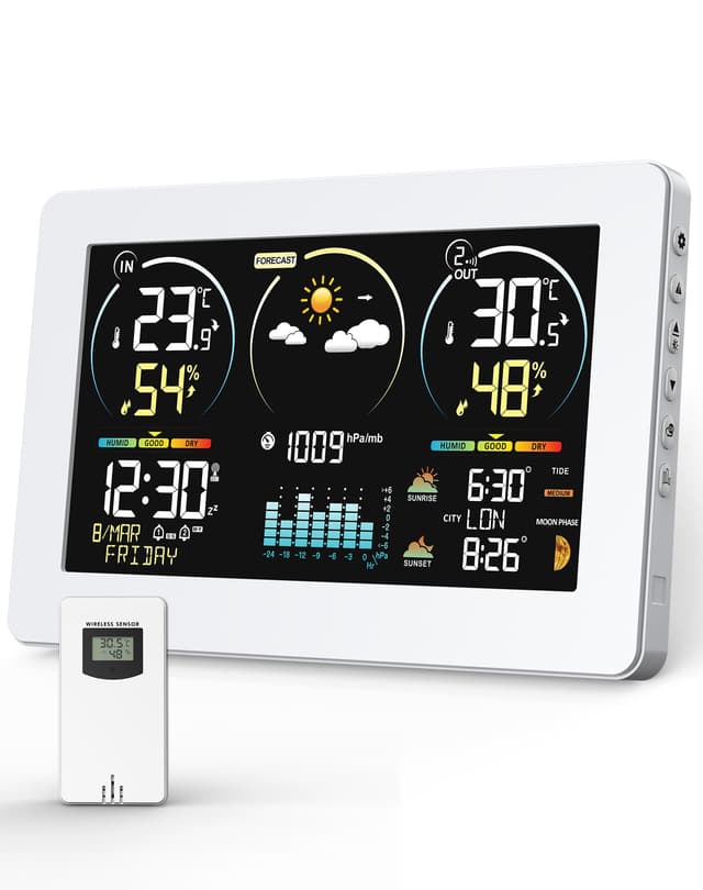 VOKSUN Wetterstation Funk mit Außensensor & Farbdisplay | Wettervorhersage, Innen/Außen-Thermometer & Hygrometer, Luftdruckmessung | Schlummerwecker, Dual-Strom (Batterie/Netzbetrieb) | Weiß