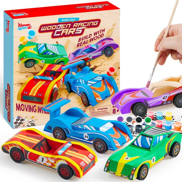 Klever Kits 4 Stück Holz Auto Bastelset Kinder,Kreativ Geschenke für Kinder Jungen 6 7 8 9 10 11 12 Jahren,Auto zum Bemalen und Basteln Holzbastelset Car