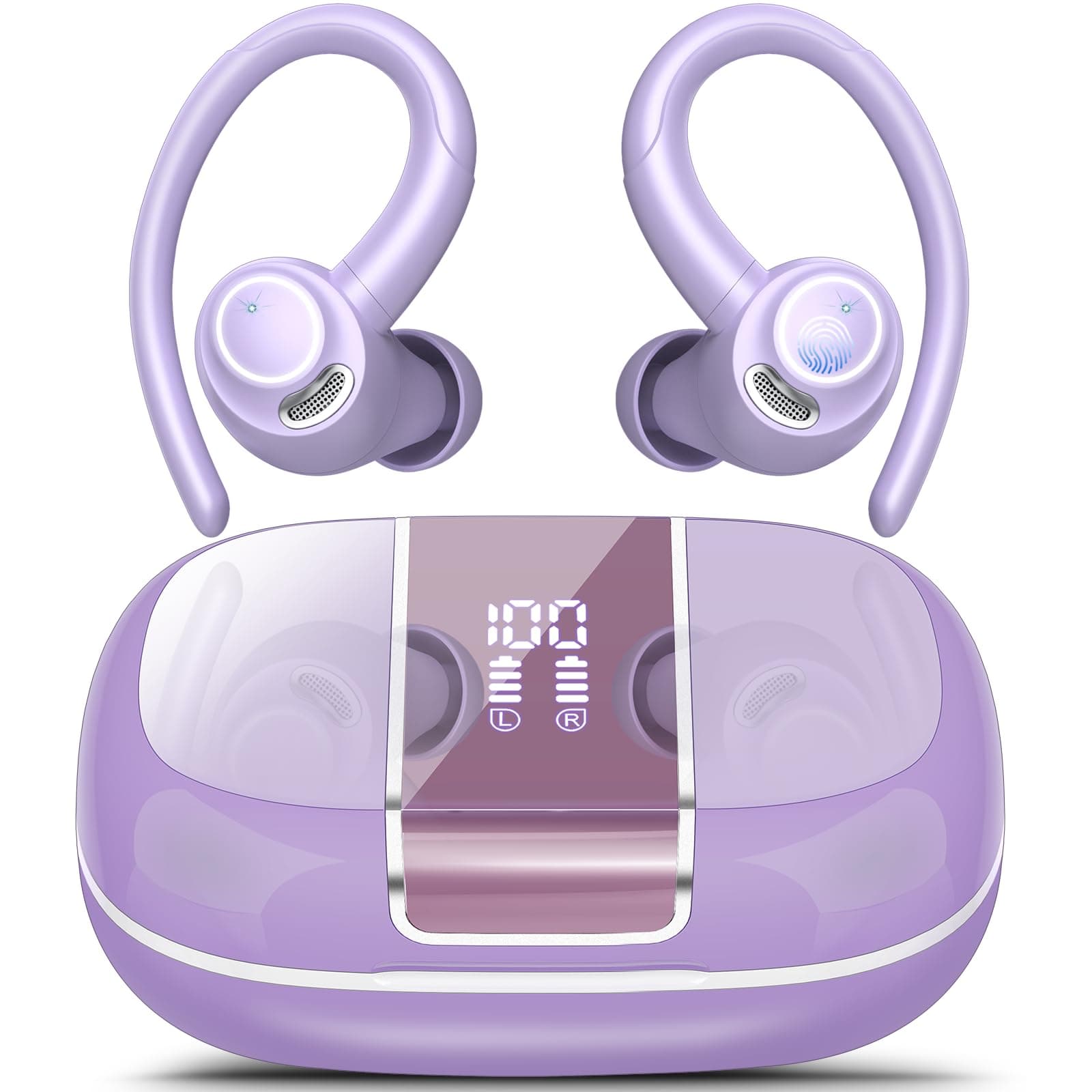 Bluetooth Kopfhörer Sport, Kopfhörer Kabellos Bluetooth 5.3 mit ENC Mikrofon, 48Std Premium-Tiefbass Wireless Earbuds mit LED Anzeige, Leichtes Design, IPX7 wasserdichte Ohrhörer, Hellviolett