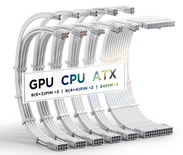 AsiaHorse Aktualisierung 16AWG Sleeved Cable Kit für PC/GPU/CPU, PSU Kabelverlängerung, PC Netzteil Extensions Kabel mit Kabelkämmen,24PIN/(6+2) PIN/(4+4) PIN Kabelmanagment, 30CM, Voll Weiß