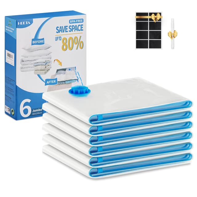 HEETA Vakuumbeutel für Kleidung 6 Stück, Jumbo Vakuum Wiederverwendbar Kleiderbeutel mit Aufkleber und Whiteboard Marker Vacuum Aufbewahrungsbeutel Bags für Bettdecken und Kopfkissen usw 6L