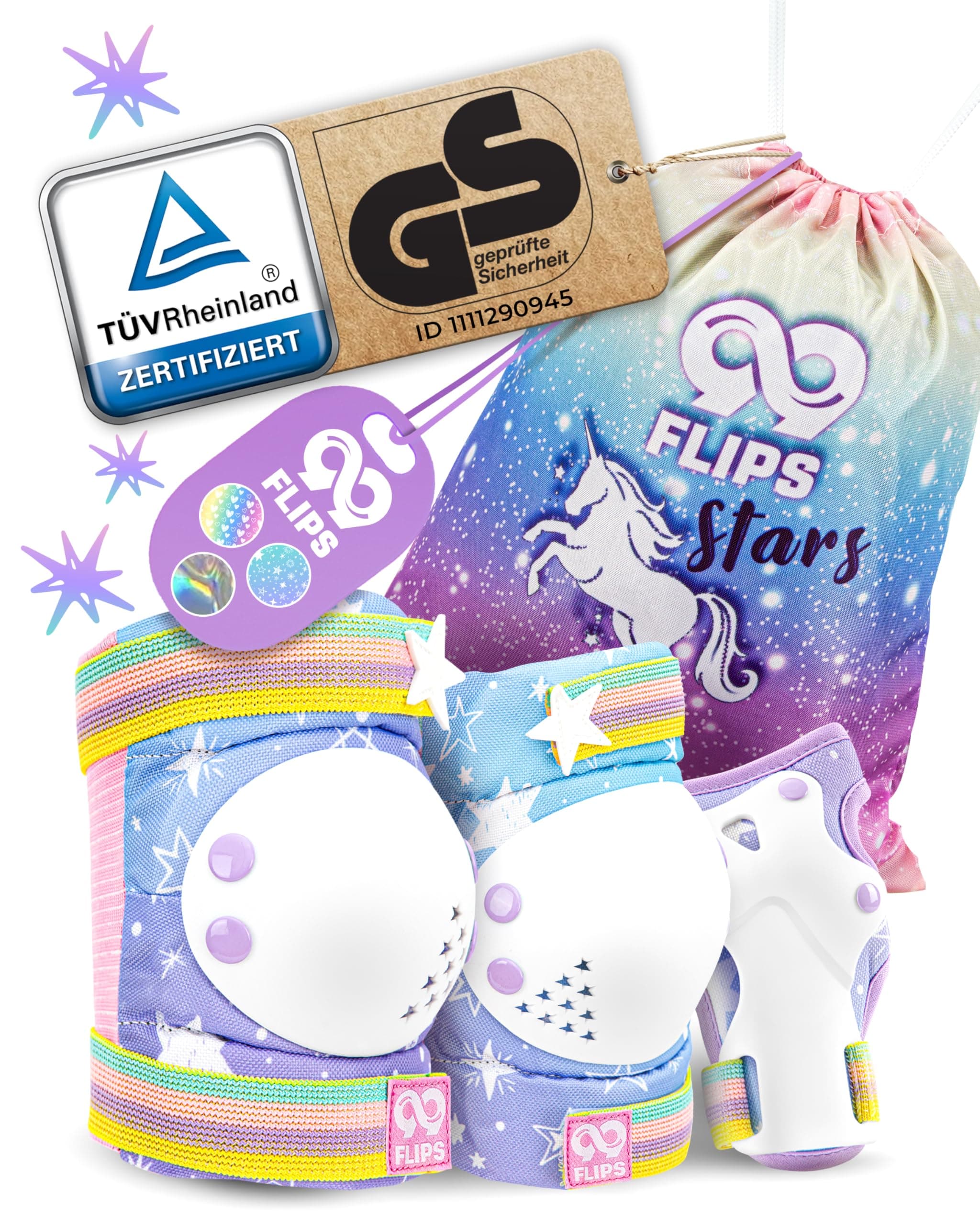 99FLIPS Inliner Schoner Kinder Set - TÜV Rheinland GS Zertifiziert [6er Set] mit Einhorn Beutel für Skateboard und Inline Skates - Knieschoner, Ellenbogen Schoner und Handschützer