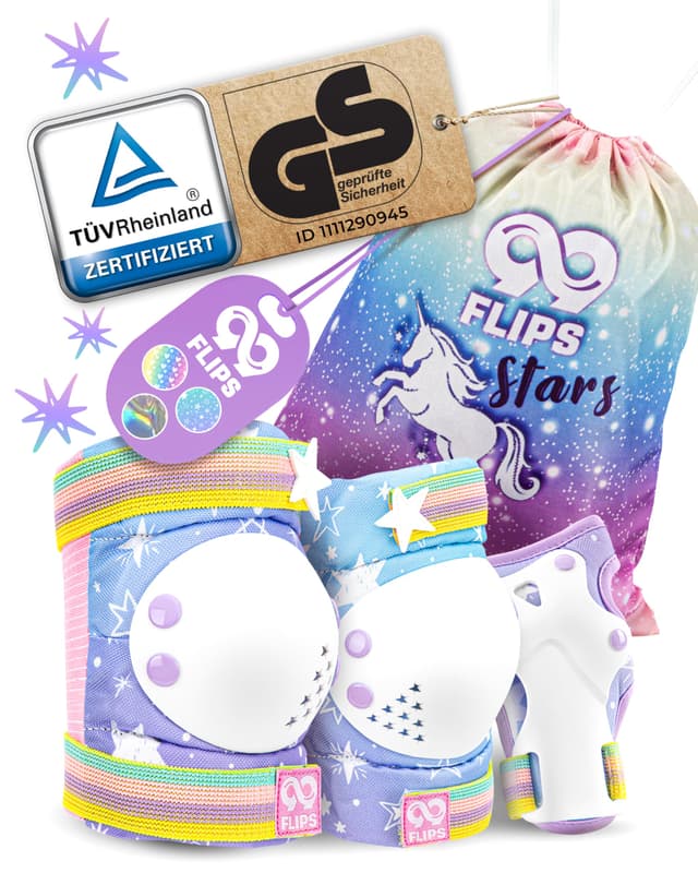 99FLIPS Inliner Schoner Kinder Set - TÜV Rheinland GS Zertifiziert [6er Set] mit Einhorn Beutel für Skateboard und Inline Skates - Knieschoner, Ellenbogen Schoner und Handschützer