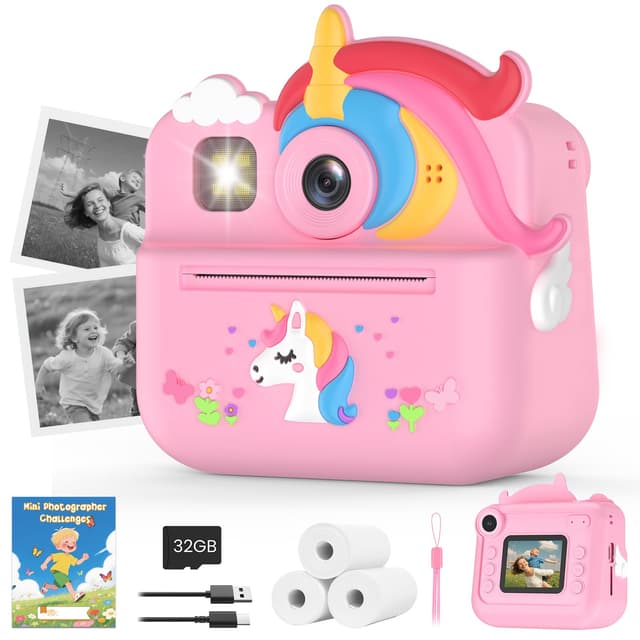 Fippesax Sofortbildkamera Kinder, 1080P HD Kinderkamera mit 32-GB-Karte, 48MP Selfie Kinderkamera Sofortbildkamera, Kinderspielzeug Einhorn Geschenke für Mädchen & Jungen von 3-12 Jahren Rosa